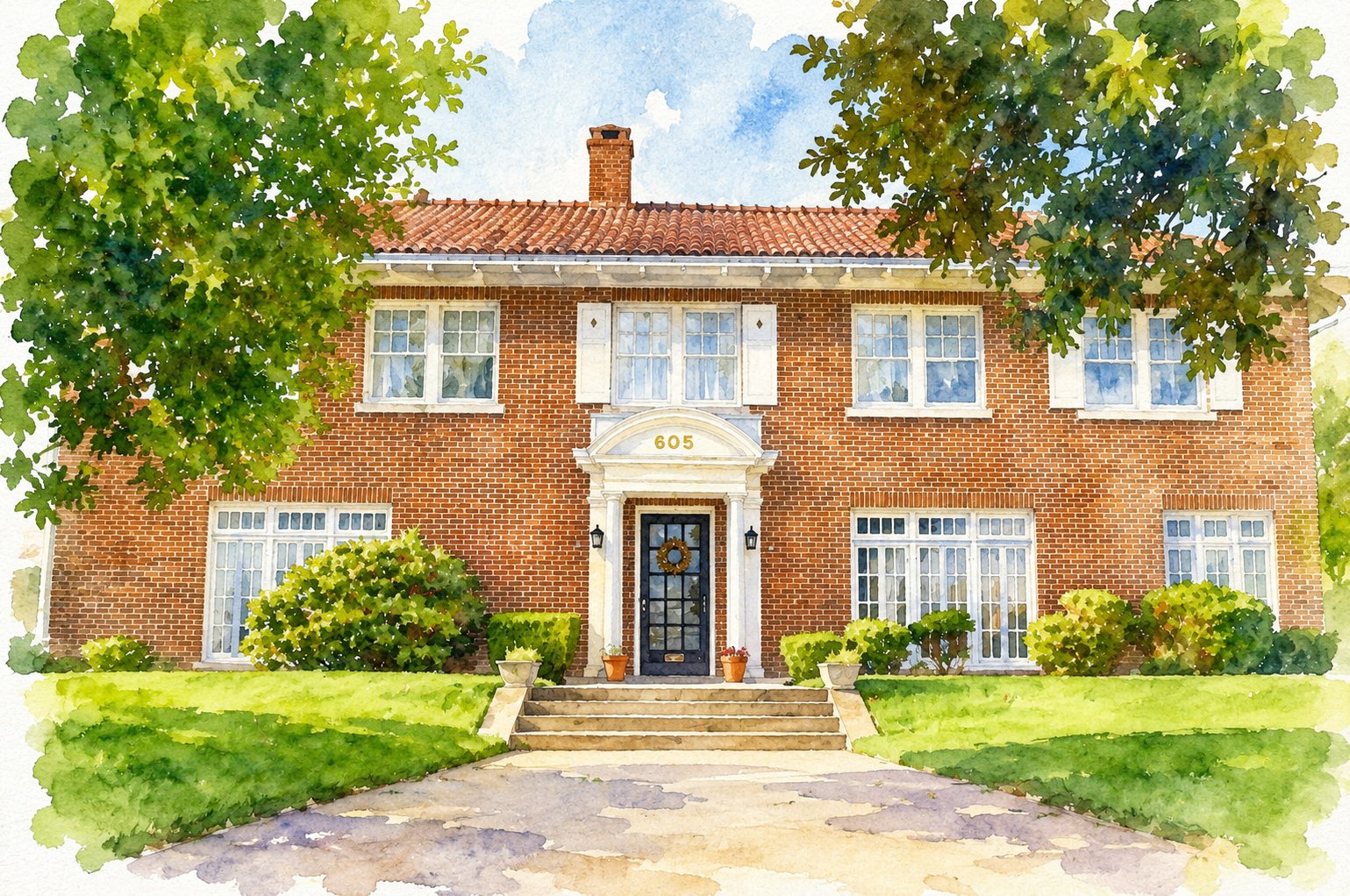 Watercolor painting of the front of Lightle House: red brick, a white portico with the house number 605 over the door, and a clay-tile hip roof, framed by trees on East Race Avenue in Searcy, Arkansas.